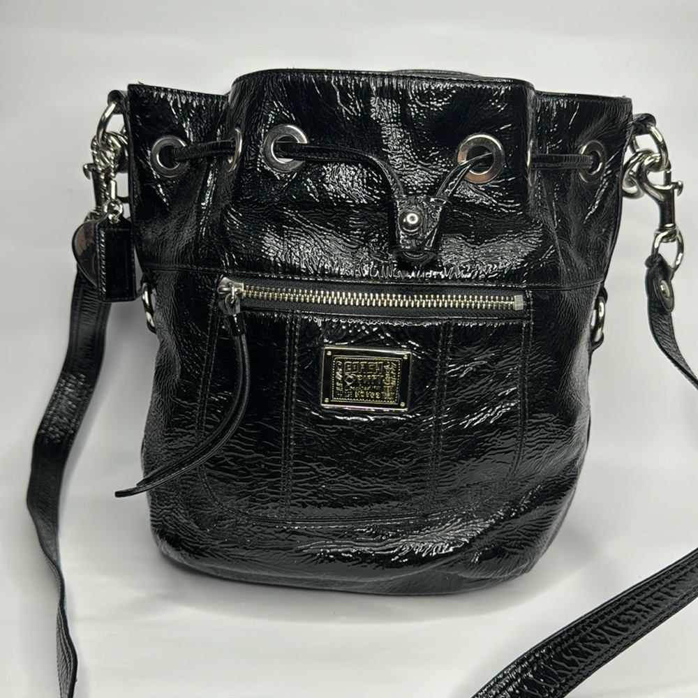 Coach Poppy Edition , Black Shiny Leather Bucket Purse, pink inside!